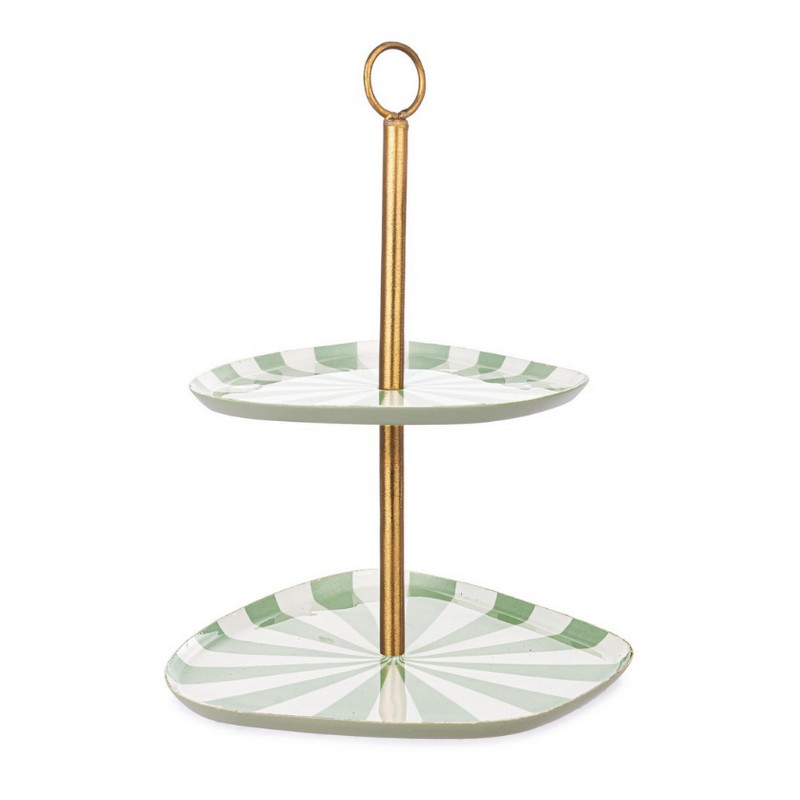 Alzata a 2 piani decorativa in metallo con decoro verde e bianco